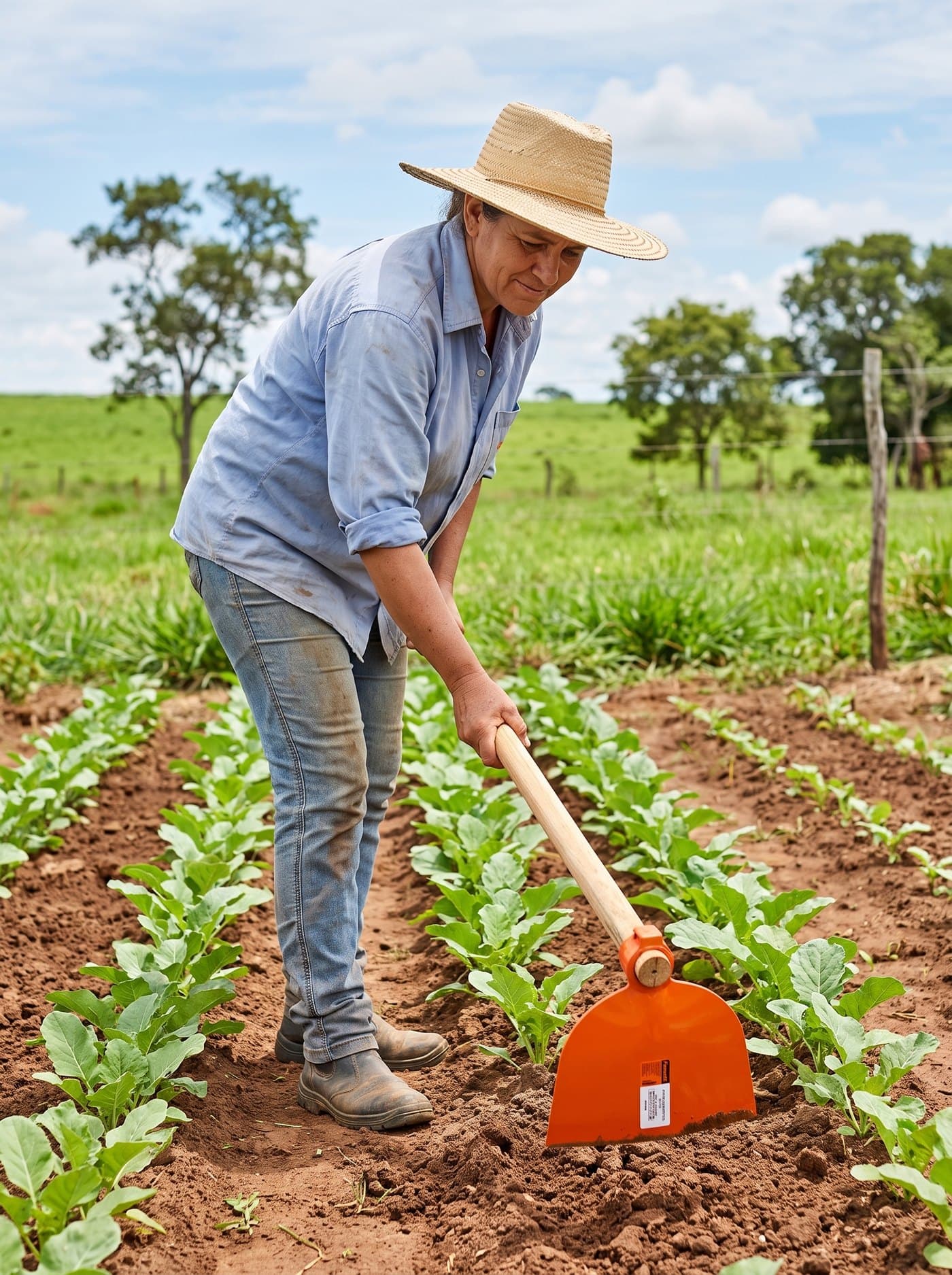 Agricultora capinando entre fileiras de hortaliças com a enxada laranja Famastil