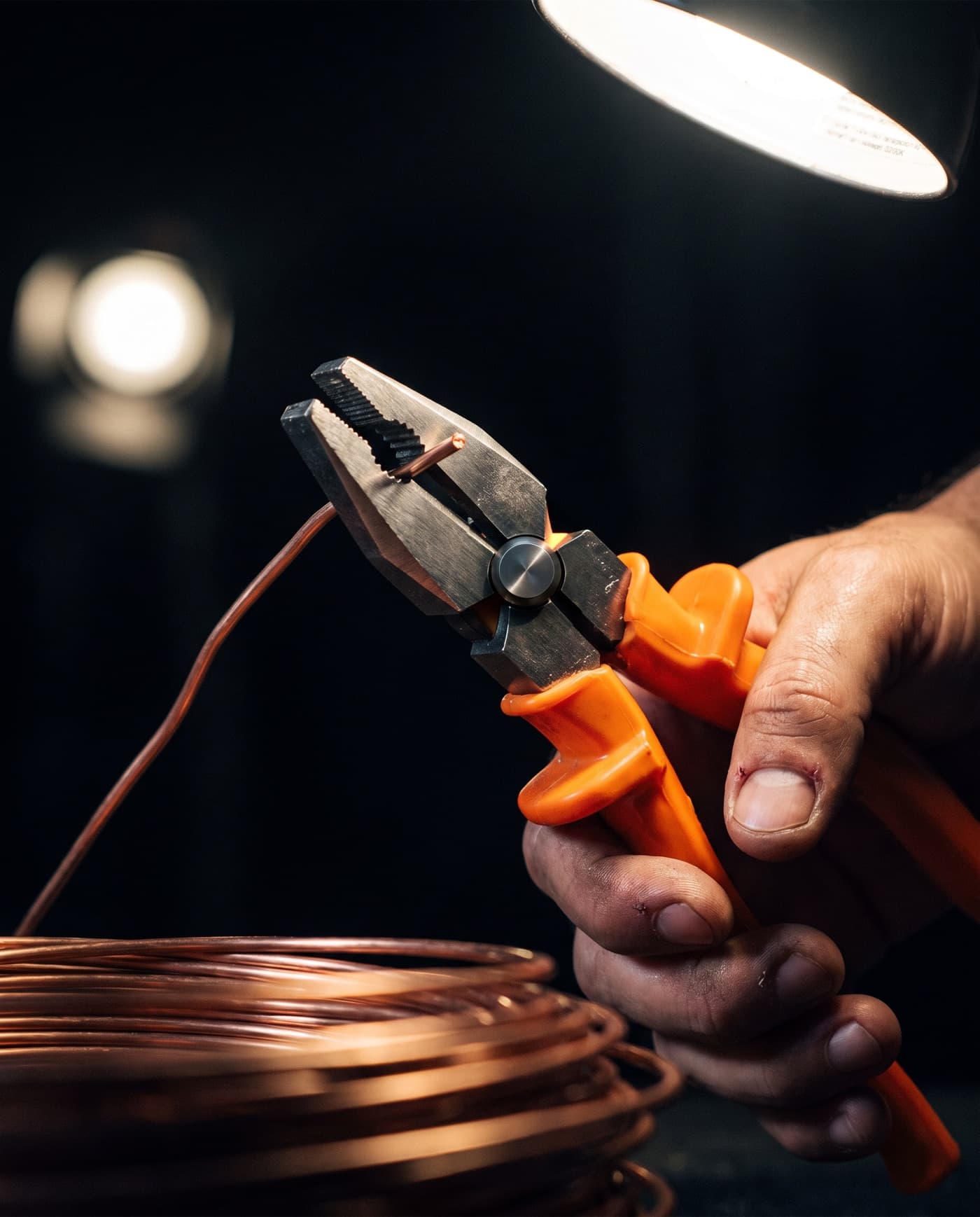 Eletricista cortando fio de cobre com o alicate universal Famastil sob a luz da luminária de bancada