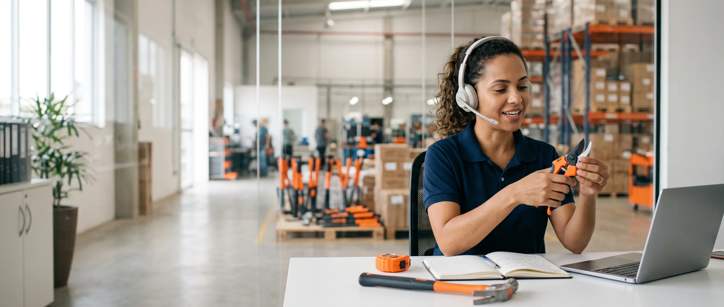 Atendente do suporte Famastil de headset examinando uma tesoura de poda laranja enquanto conversa com um cliente, com o galpão da fábrica ao fundo