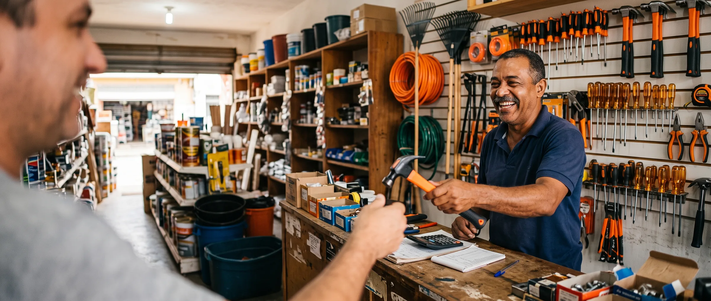 Lojista sorridente entregando um martelo laranja e preto a um cliente no balcão de uma loja de material de construção, com a parede de ferramentas ao fundo